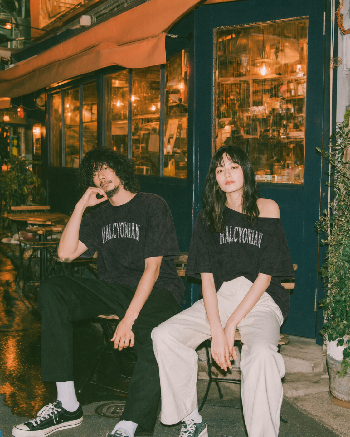 カップルペアルック ヴィンテージムード オフショル×ゆるシルエットTシャツ
